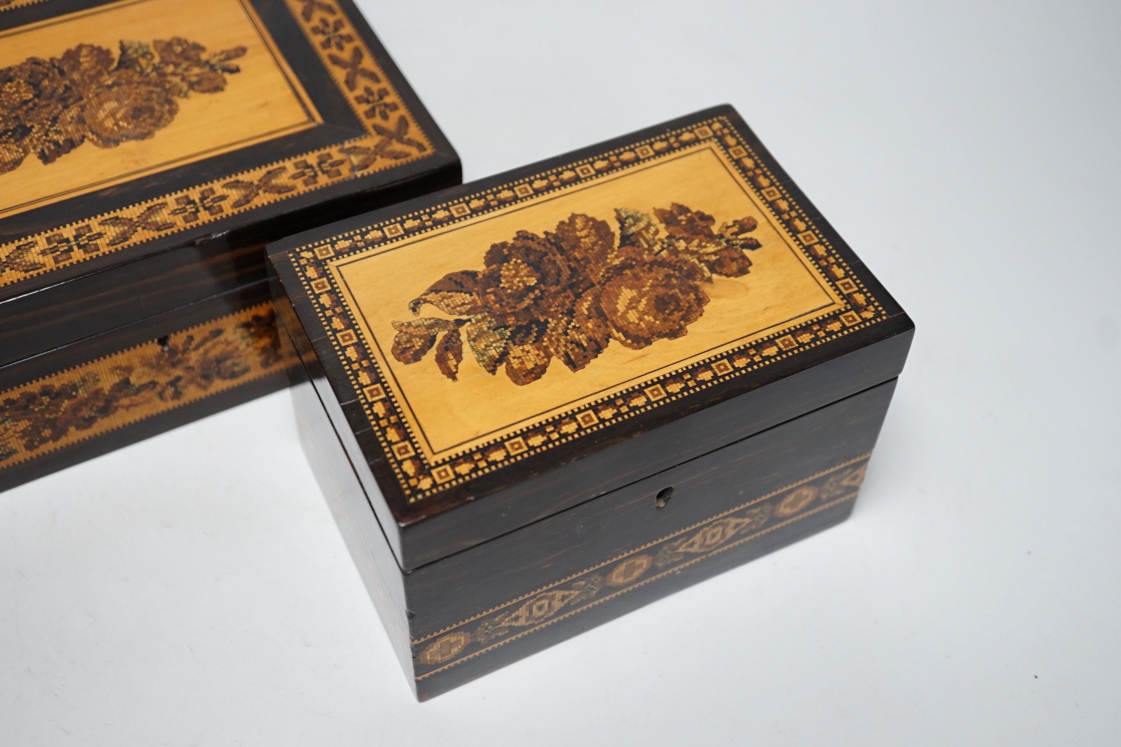 Two Tunbridge ware coromandel or rosewood ground boxes, largest 20cm